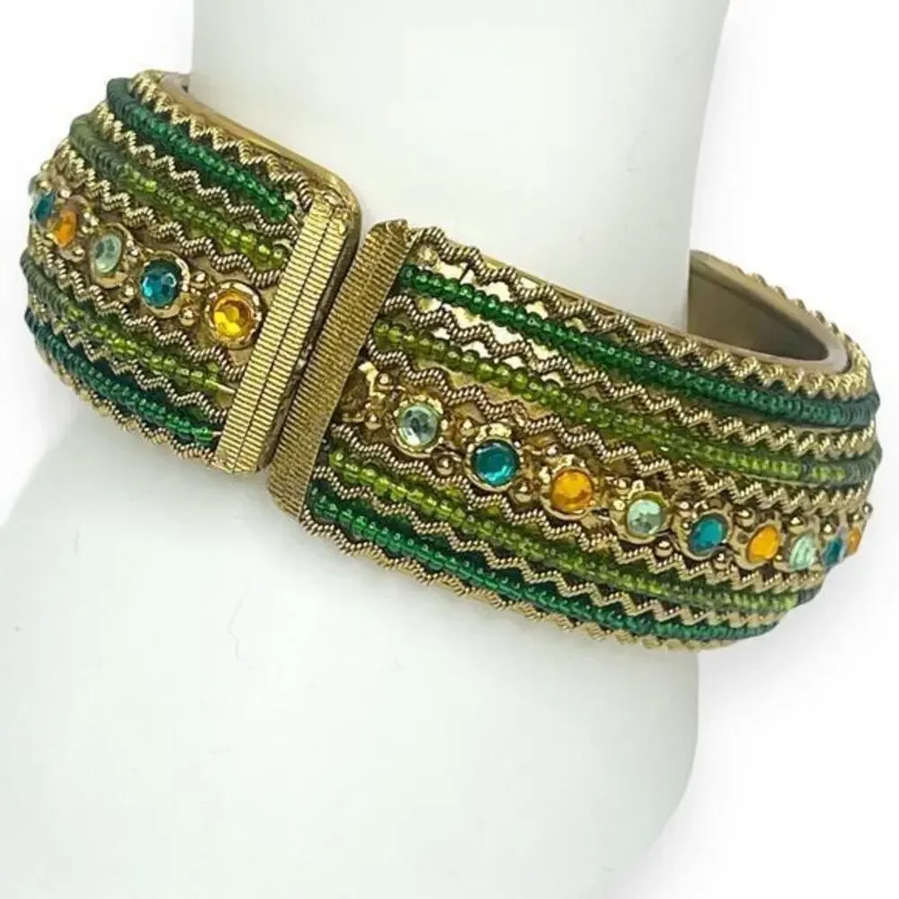 Bangle Bracelet‎ Jeweled Aqua Green Beads Hinged Mid Century Vintage